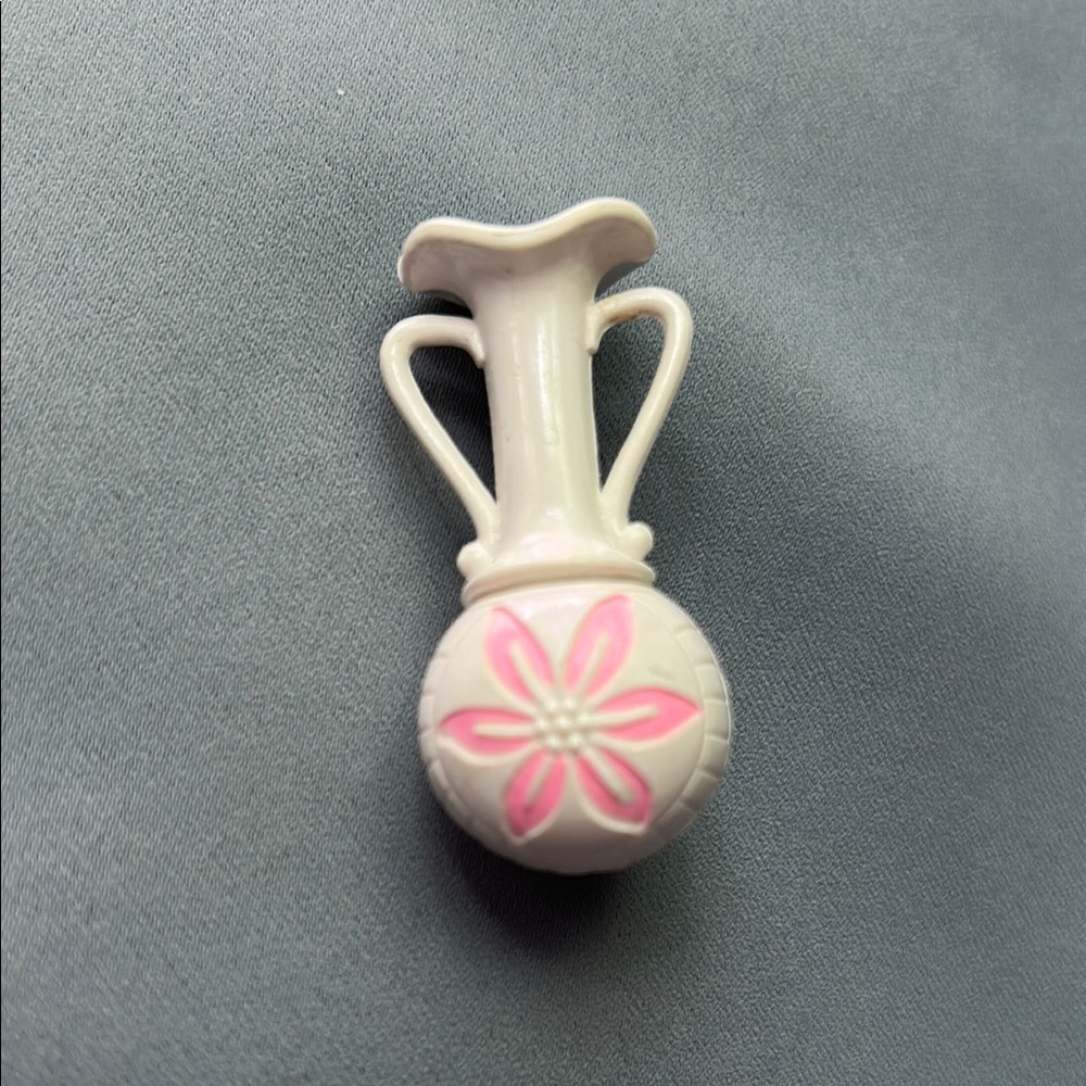 Vintage Plastic Celluloid Wine Jug Urn White and Pink Floral Vase Brooch Pin